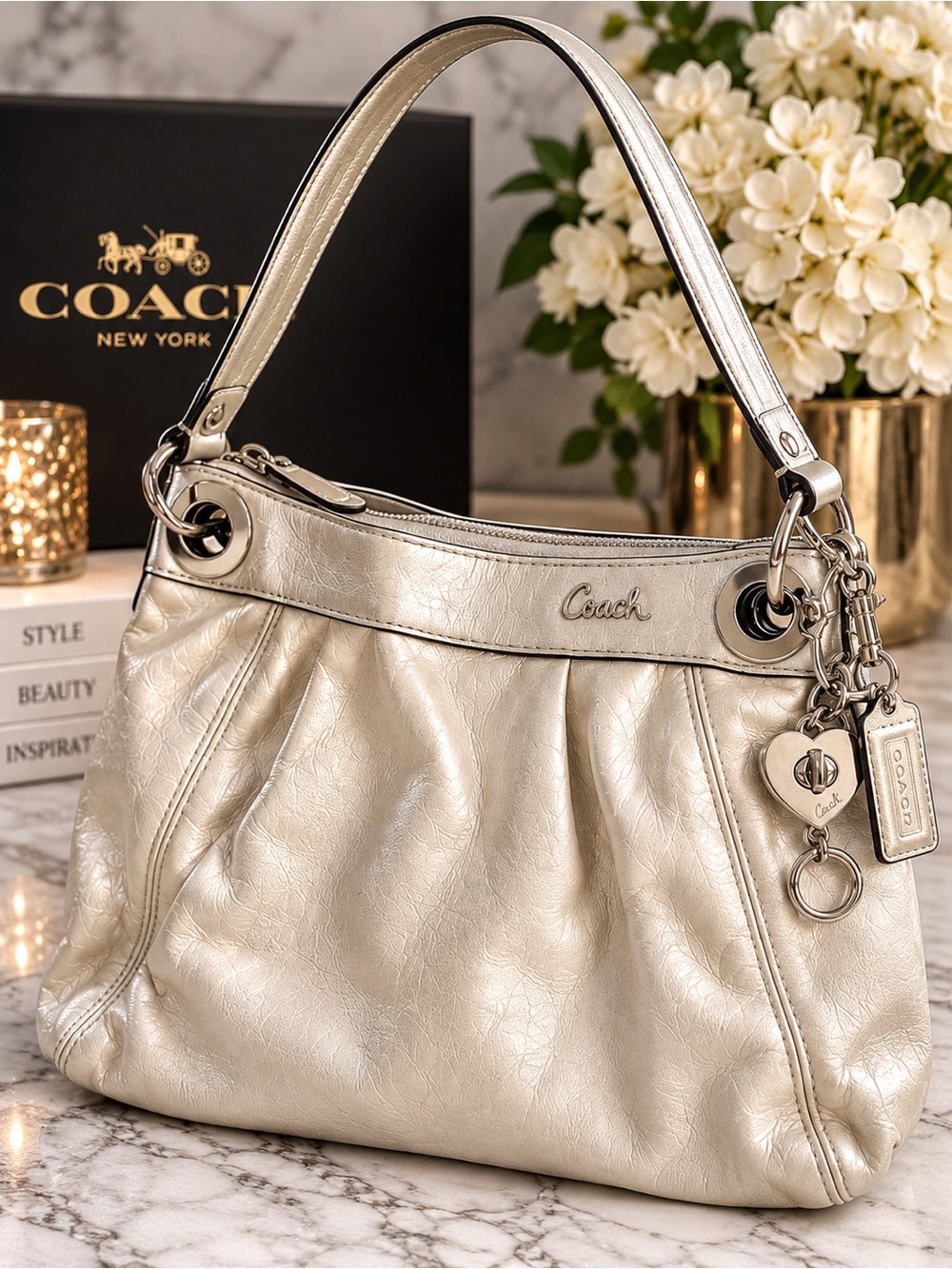 Coach Metallic Cream Leather Shoulder Bag with Silver Accents